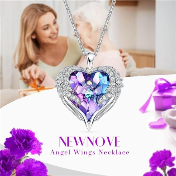 NEWNOVE Preserved Real Purple Rose with Angle Wings Necklace, Forever Flowers - Picture 3 of 7